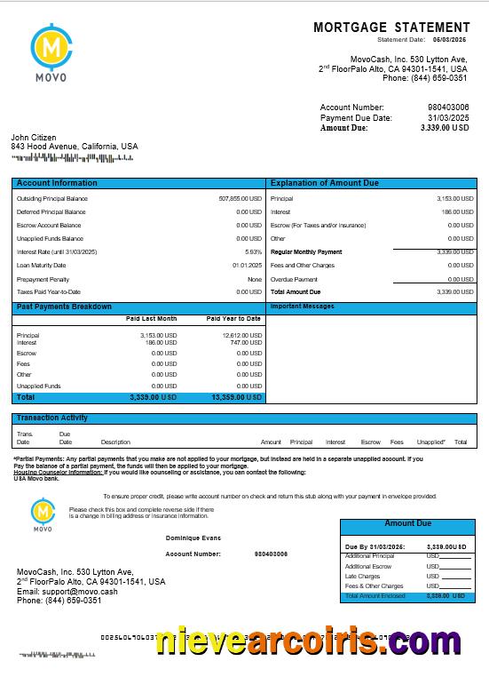USA MOVO bank mortgage statement